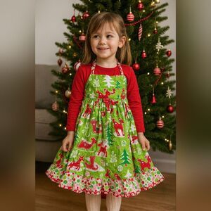 Jelly the Pug Christmas Halter Dress 5 Red Green Reindeer Polka Dot Bow Festive